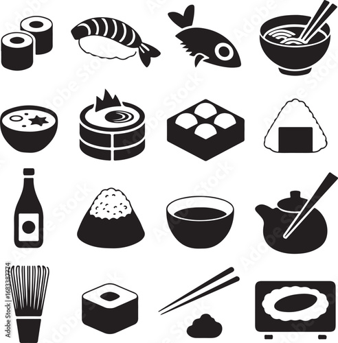 Assortment of Japanese food and drink icons in black silhouette sushi sashimi