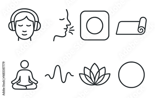Meditation and mindfulness icons: yoga, breathing, relaxation, and lotus symbols