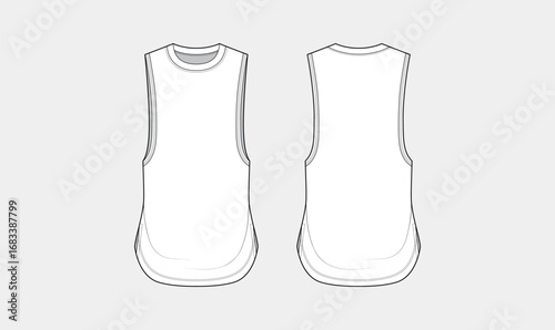 men's gym tanks sketch, muscle tops flat sketch, front and back view, activewear tanks sketch, technical fashion drawing vector illustration