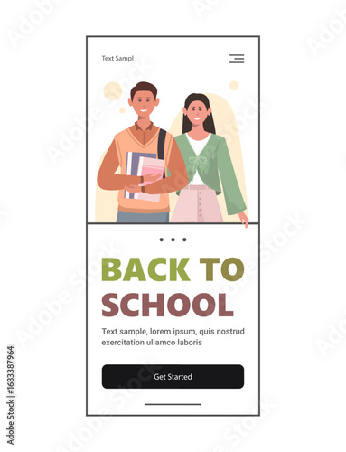 Portrait of happy schoolboy with books and backpack standing next to smiling schoolgirl. Web design and mobile template. Vector Not AI generated