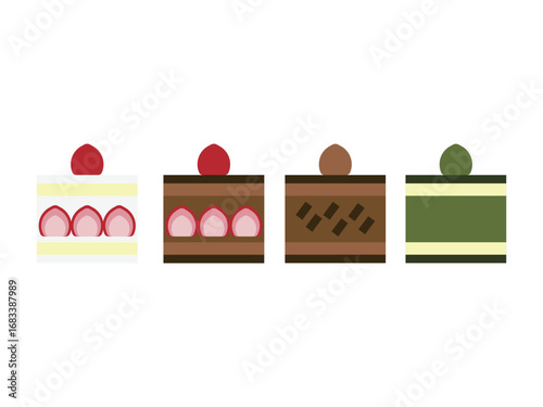 横から見た四角いケーキ（いちご、チョコレート、抹茶）のアイコンのイラストのセット
