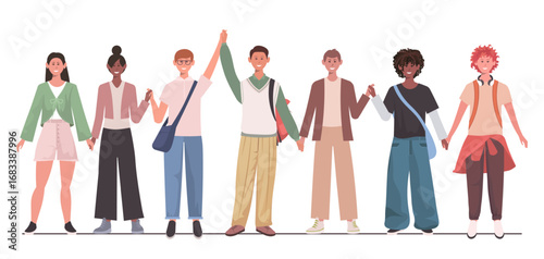  Kids holding hands, standing together isolated on white background. Kindergartners schoolchildren and students. Unity and friendship concept. Vector Not AI generated