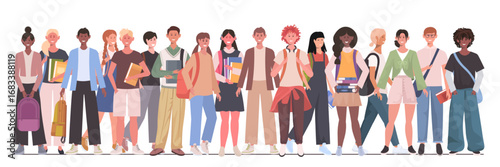 Diverse group of schoolchildren. Teenage or preteen boys and girls stand together. The concept of childhood and friendship. Vector Not AI generated