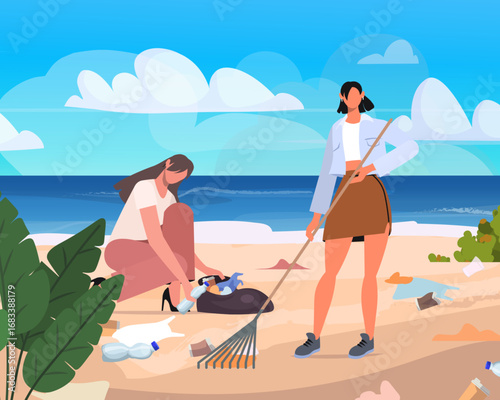 Two female volunteers actively picking up plastic and other litter along a sandy beach near the sea or ocean. Protect nature and reduce pollution. Vector Not AI generated