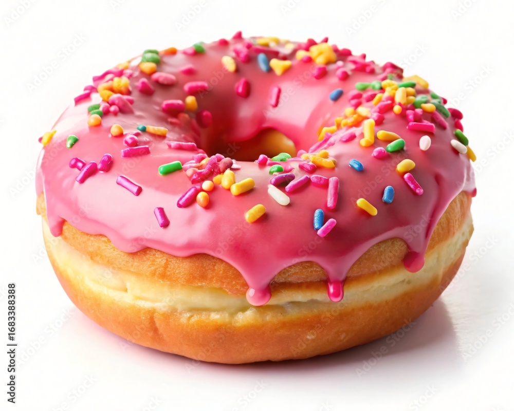 Pink glazed donut with colorful sprinkles on a white background High resolution image of a single donut Pink glazed donut with colorful sprinkles on a white background High resolution image of a single donut