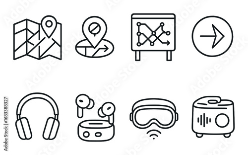 Minimalistic technology and navigation icons on dark background