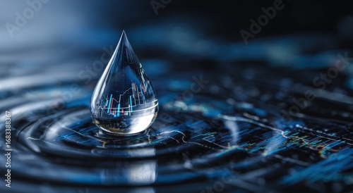 A water droplet resting on a surface of flowing charts