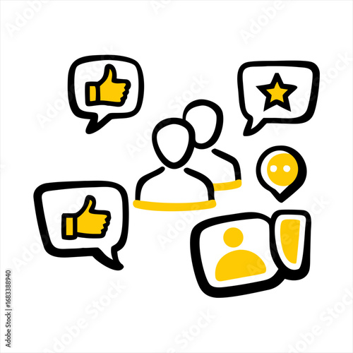 Social media engagement and user feedback icons with people