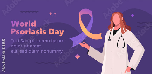  World Psoriasis Day in October 29th. Portrait of female doctor in white medical uniform presenting and holding purple and orange ribbon. Vector Not AI generated