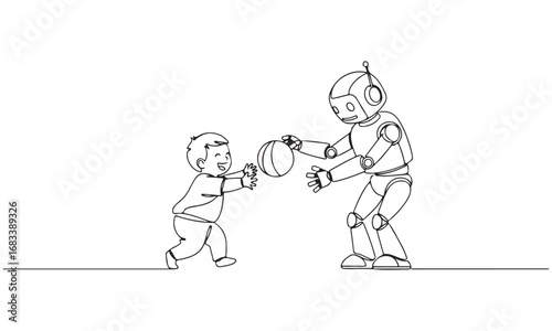 Continuous Line Drawing of a Child Playing Ball with a Friendly Robot