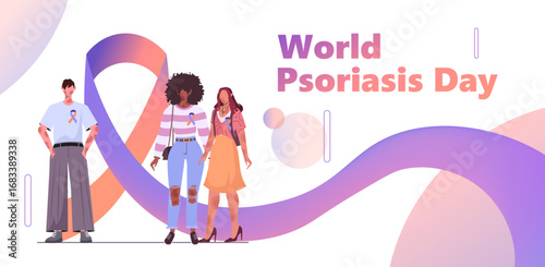  World Psoriasis Day. Near a purple, orange ribbon is a group of people in casual clothes with skin diseases. Vector illustration. Not AI generated