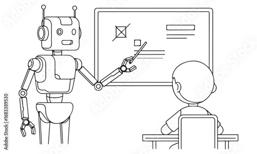 Robot Teacher Explaining to a Student with a Whiteboard, Line Art Illustration