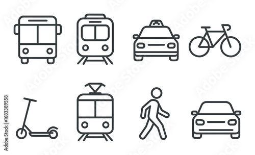 Vector icons of public transportation and mobility modes on dark background