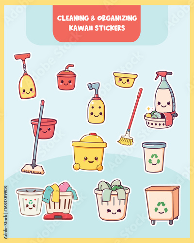 Adorable kawaii cleaning and organizing stickers with broom, bucket, checklist, and supplies in pastel cute style.