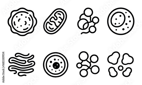 Collection of simplified black cellular logos: mitochondria, nucleus, golgi apparatus, more