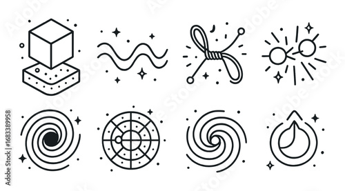 Monochrome icons representing quantum concepts and cosmic elements