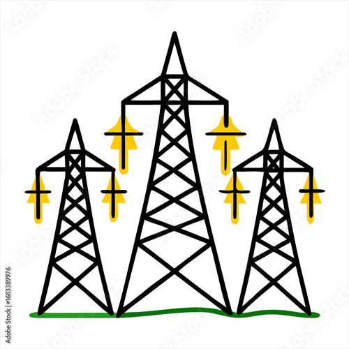 Three stylized power pylons with yellow insulators against a white background