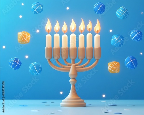 abstract minimal Hanukkah illustration with menorah and spinning dreidels in soft pastel blue