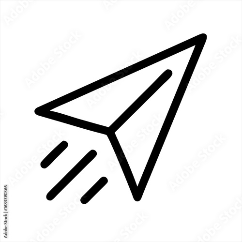Black paper airplane icon with motion lines on a white background