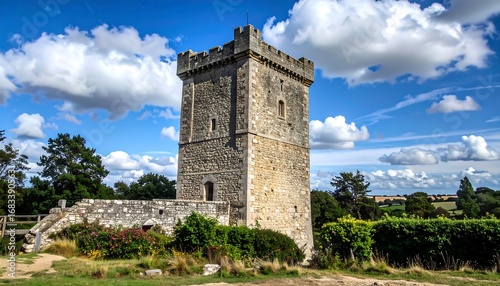 A substantial stone tower stands tall against a backdrop of a partly cloudy, vibrant blue sky, showcasing the historical architecture of an ancient fortification.