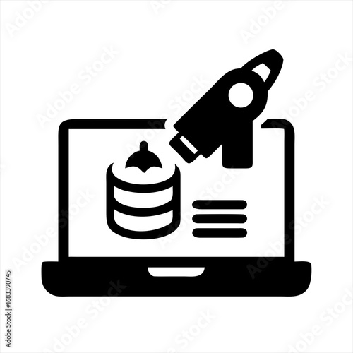 Laptop screen displaying data analysis with a microscope icon