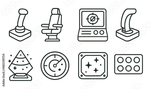 Outline icons of spacecraft controls and navigation equipment