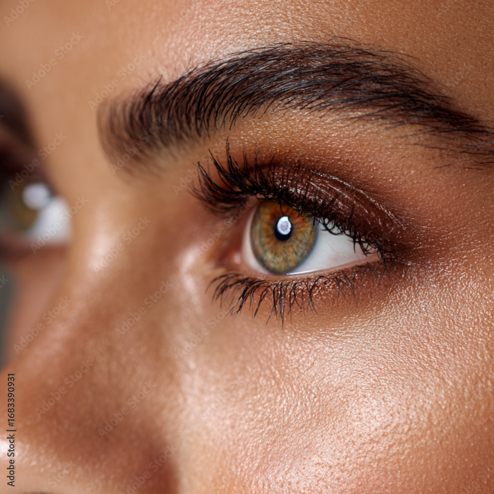 Obraz premium Close-Up Glossy Eye Makeup with Natural Skin and Long Lashes