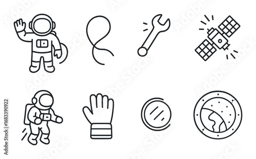 Space exploration icons: astronauts, tools, and satellite