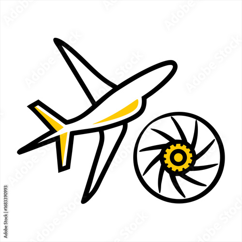 Stylized airplane and jet engine icon with yellow accents