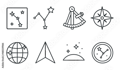 Set of astronomy icons: stars, constellation, sextant, compass, globe, direction, horizon, astrolabe