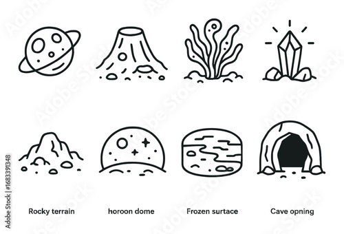 Alien landscape icons with volcano, crystal, cave, and planetary elements