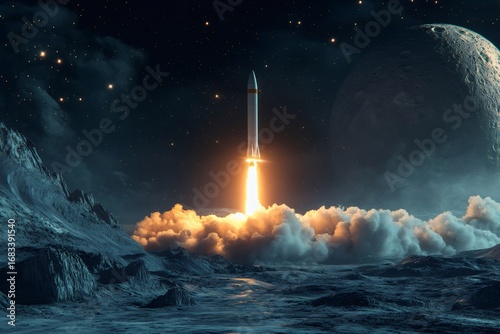 Fototapeta Naklejka Na Ścianę i Meble -  Rocket ship lifting off from Moon surface at night with starry sky and large planet in background, concept of space travel and exploration