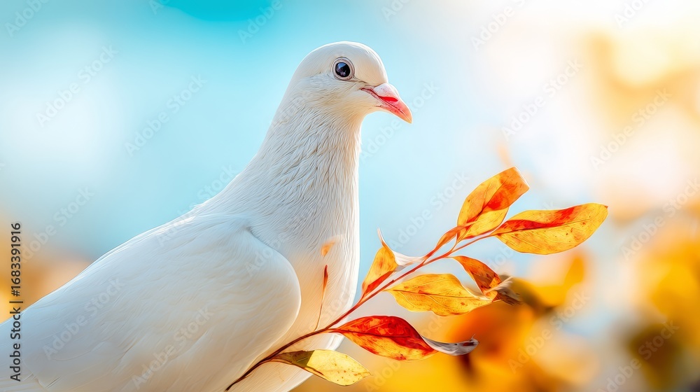 Fototapeta premium White dove holding olive branch flying against soft blue sky with warm sunlight and golden autumn leaves, symbol of peace and hope.