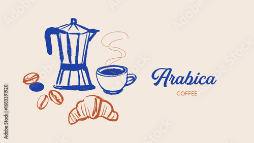 Hand drawn coffee shop poster with moka pot, cup, croissant, beans. Cozy breakfast mood and warm morning aroma.  Cafe menu, bakery branding, packaging design. Whimsical sketch vector illustration.