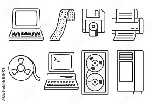 Retro technology icons: computer, printer, floppy disk, tape reel, and punch card