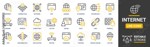 Internet and Web Technology Line Icons Collection. Wifi, Domain, IP Address, Cloud Computing, VPN, Firewall, Hosting, Router, Website and Connection Symbols. Editable Stroke Vector.