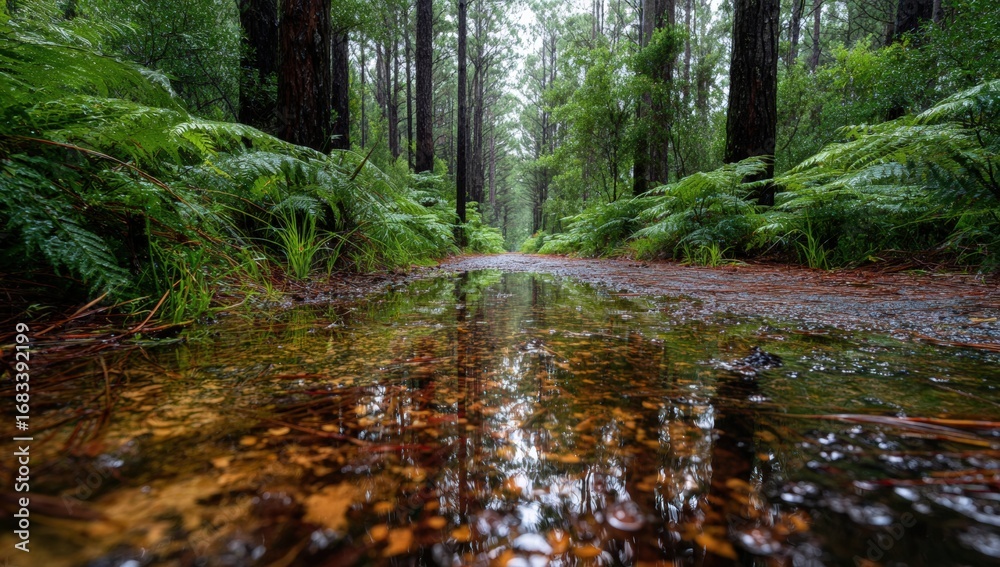 Obraz premium A puddle reflecting a forest path