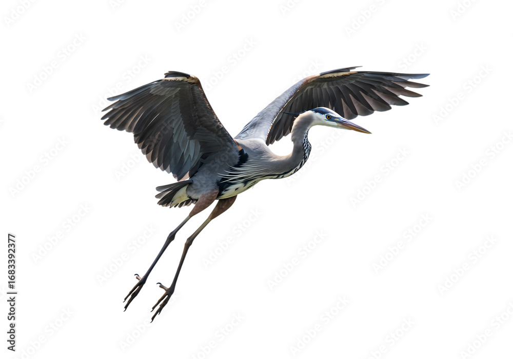 Fototapeta premium Great Blue Heron in Flight: Wildlife Photography on white background