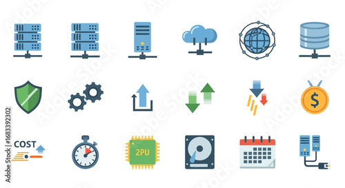 Collection of modern flat style technology icons for data server, cloud storage, security, performance, and cost management.