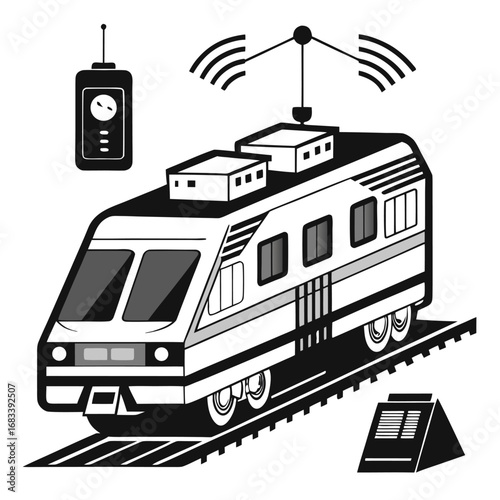 A unique design of an electric train monitoring system, symbolizing surveillance, data, and advanced control. Perfect for projects on smart technology and automation.