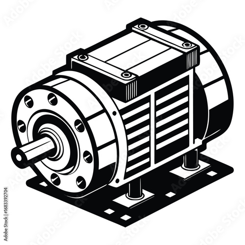 A unique design of an electric train traction motor, a detailed illustration of the powerhouse that drives the wheels. Perfect for engineering diagrams and technical content.