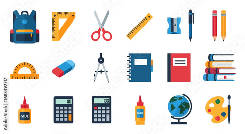 Colorful flat vector icon set of various school supplies including a backpack, books, and stationery items.