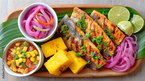Grilled Fish with Fresh Vegetables and Pineapple on Wooden Platter