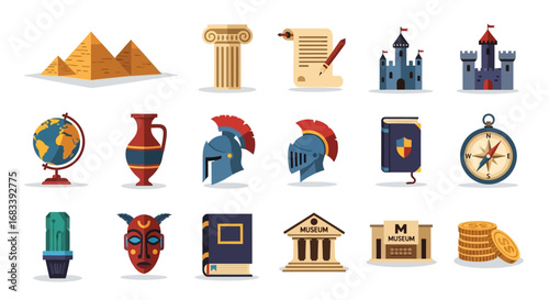 Diverse Collection of Historical and Cultural Icons Representing Civilizations Journey.