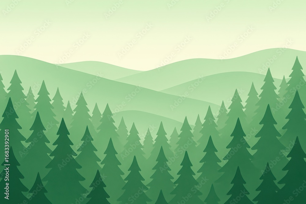 Fototapeta premium Minimalist flat design forest landscape with rolling hills and gentle sky horizon