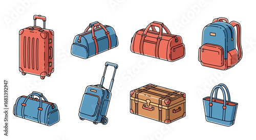 Colorful hand-drawn sketch illustration set of various travel luggage, including suitcases, duffel bags, a backpack, and a vintage trunk.
