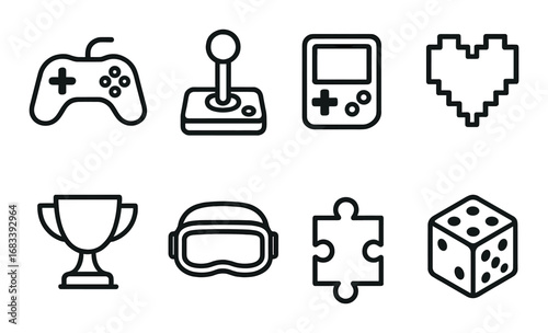 Retro gaming icons set: joystick, gamepad, trophy, puzzle, dice