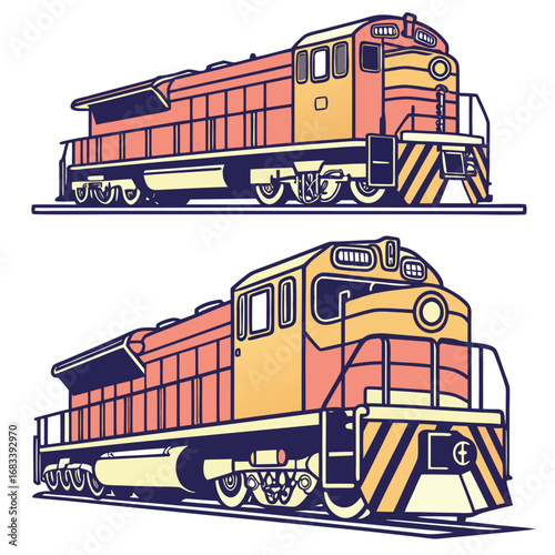 A design of a heavy diesel locomotive, an icon of power, endurance, and the backbone of modern freight transport. Use for industrial and logistics themes.