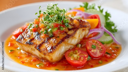 Grilled Fish with Fresh Vegetables and Colorful Salsa Garnish