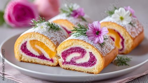 Colorful Cake Rolls with Cream Filling and Edible Flowers Decor